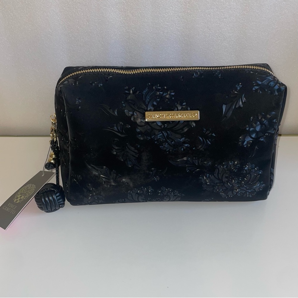 NWT Vince Camuto Black Floral Embossed Cosmetic Bag with Gold Hardware - Picture 1 of 11